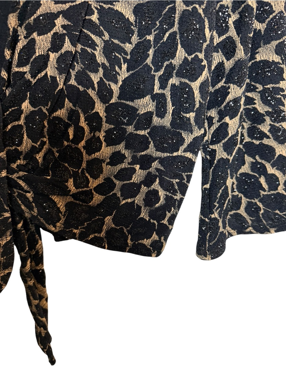 Leopard Print Shimmer Tie-Front Cardigan Top Black Tan Glam - Picture 4 of 6